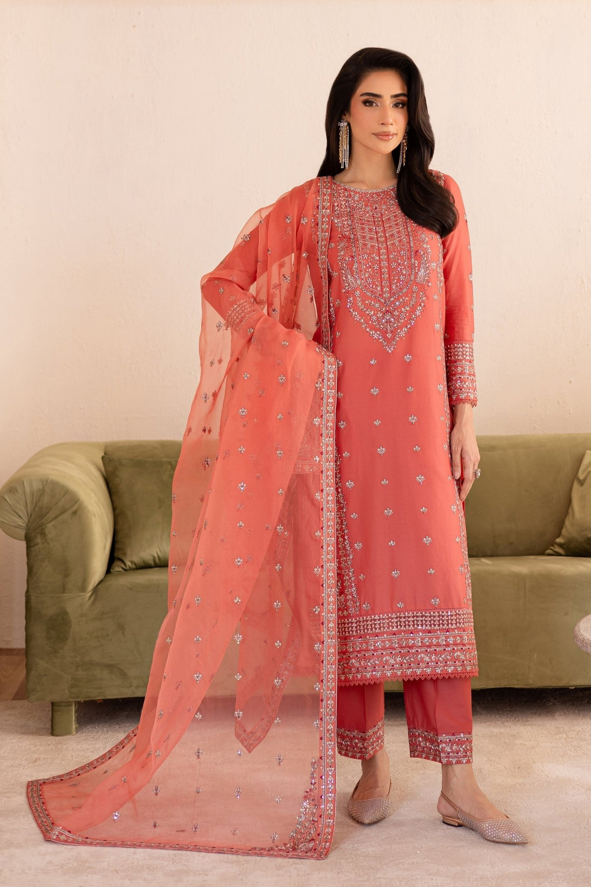 Batik | Nyra Embroidered Summer Solids | Fika-Brand:Batik-Type:Ladies Clothes-Peach-Lawn-House of Maryam- Buy in UK, USA