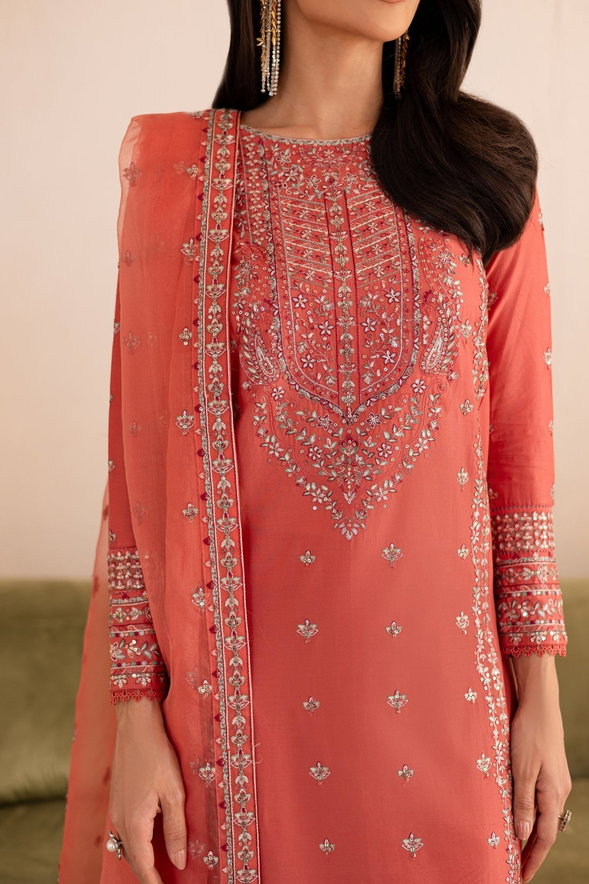 Batik | Nyra Embroidered Summer Solids | Fika-Brand:Batik-Type:Ladies Clothes-Peach-Lawn-House of Maryam- Buy in UK, USA