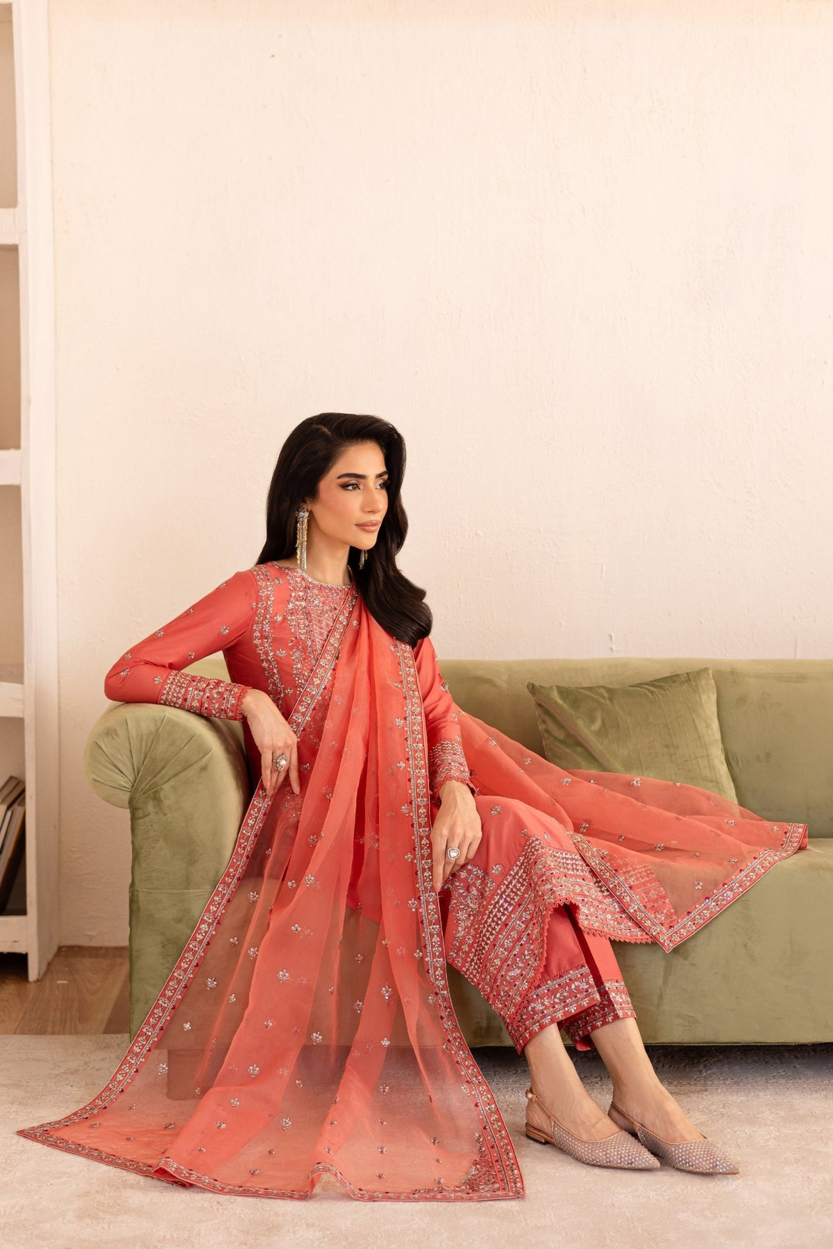 Batik | Nyra Embroidered Summer Solids | Fika-Brand:Batik-Type:Ladies Clothes-Peach-Lawn-House of Maryam- Buy in UK, USA