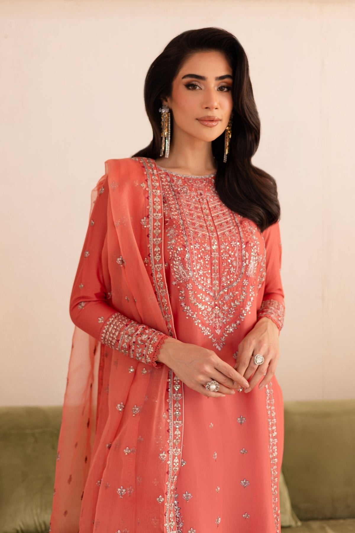 Batik | Nyra Embroidered Summer Solids | Fika-Brand:Batik-Type:Ladies Clothes-Peach-Lawn-House of Maryam- Buy in UK, USA