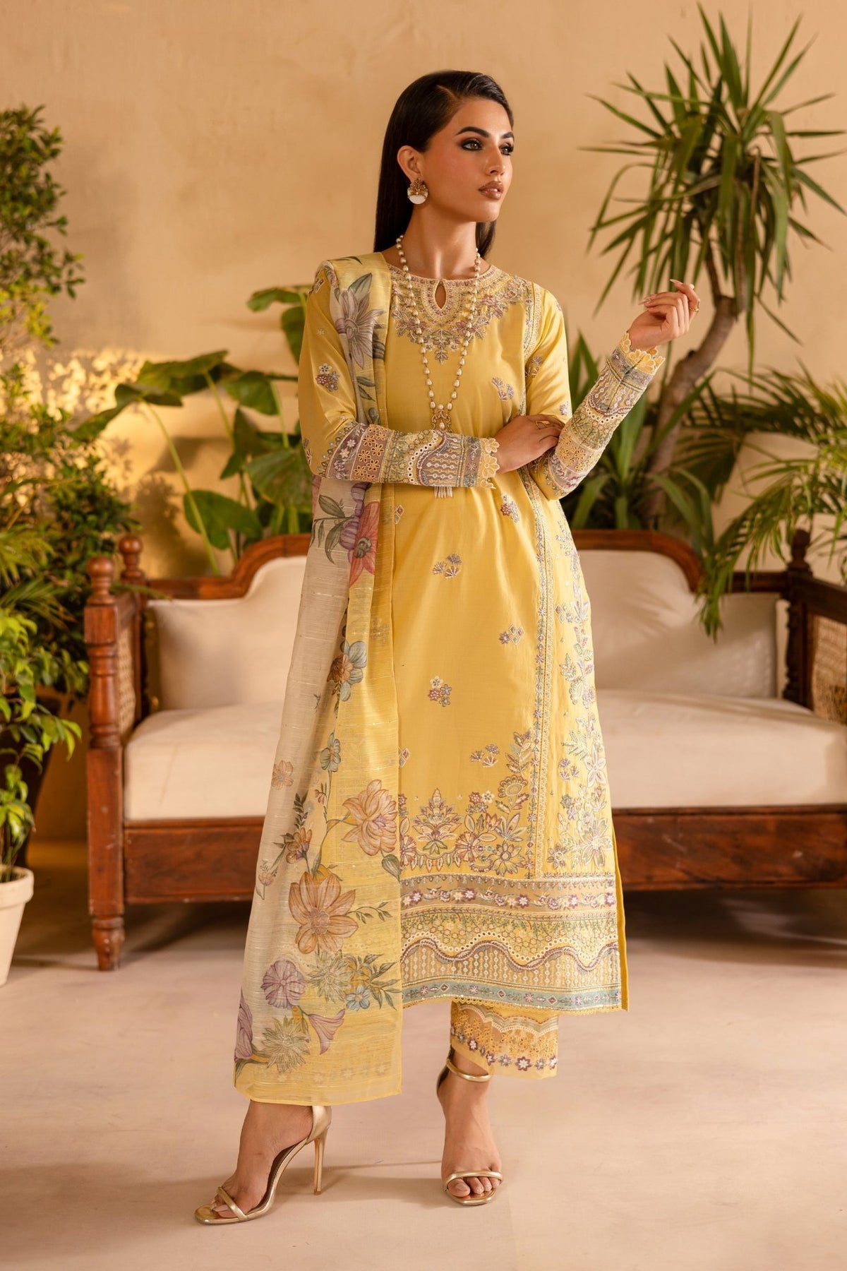 Batik | Nyra Embroidered Summer Solids | Maize-Brand:Batik-Type:Ladies Clothes-Maize Yellow-Lawn-House of Maryam- Buy in UK, USA