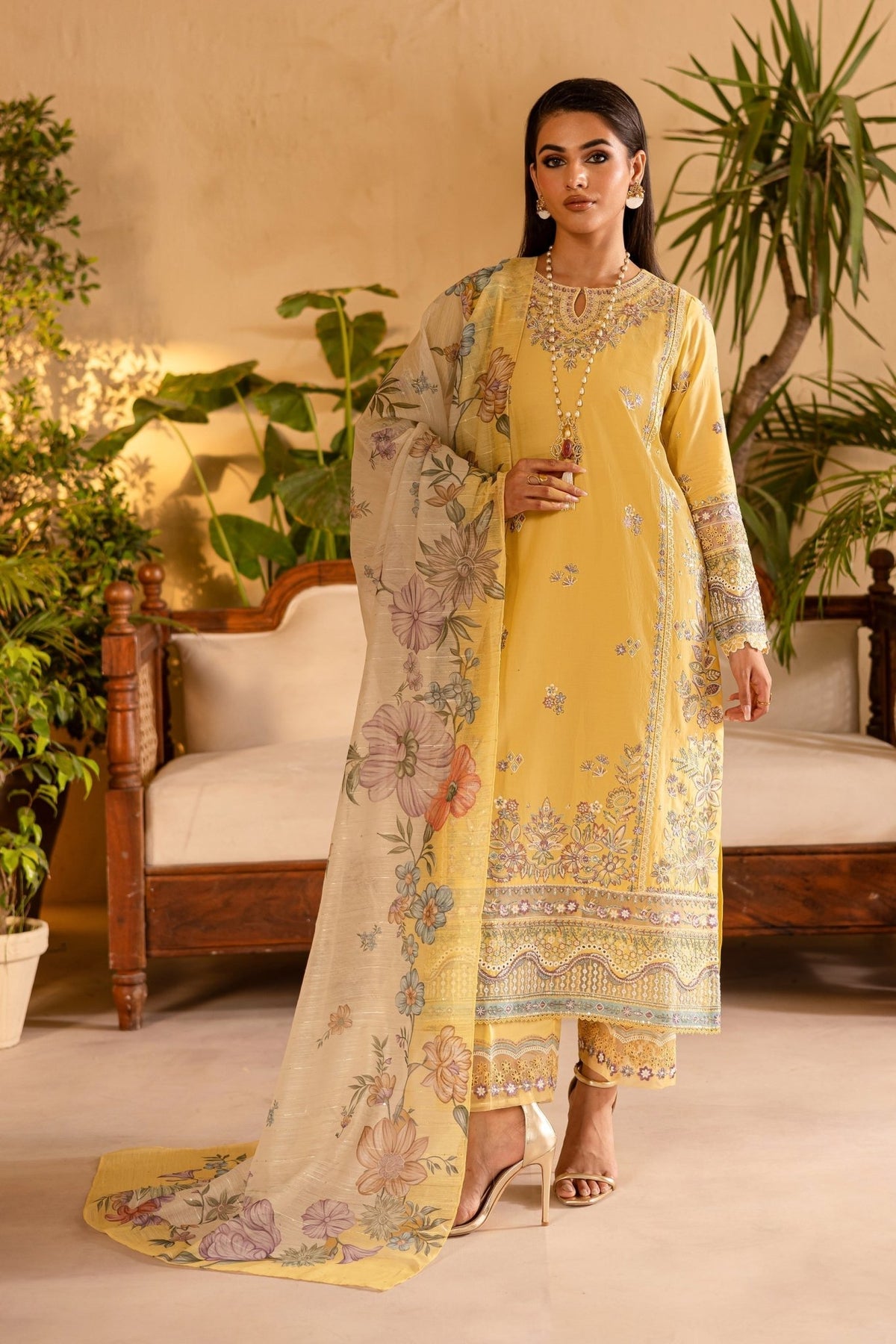 Batik | Nyra Embroidered Summer Solids | Maize-Brand:Batik-Type:Ladies Clothes-Maize Yellow-Lawn-House of Maryam- Buy in UK, USA