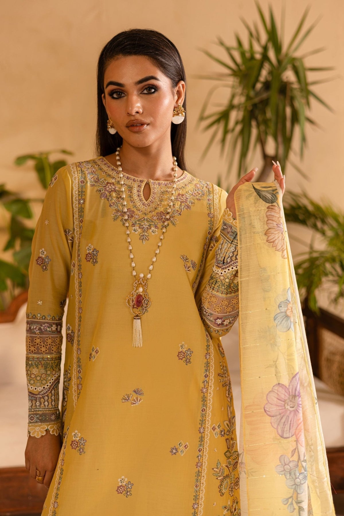 Batik | Nyra Embroidered Summer Solids | Maize-Brand:Batik-Type:Ladies Clothes-Maize Yellow-Lawn-House of Maryam- Buy in UK, USA