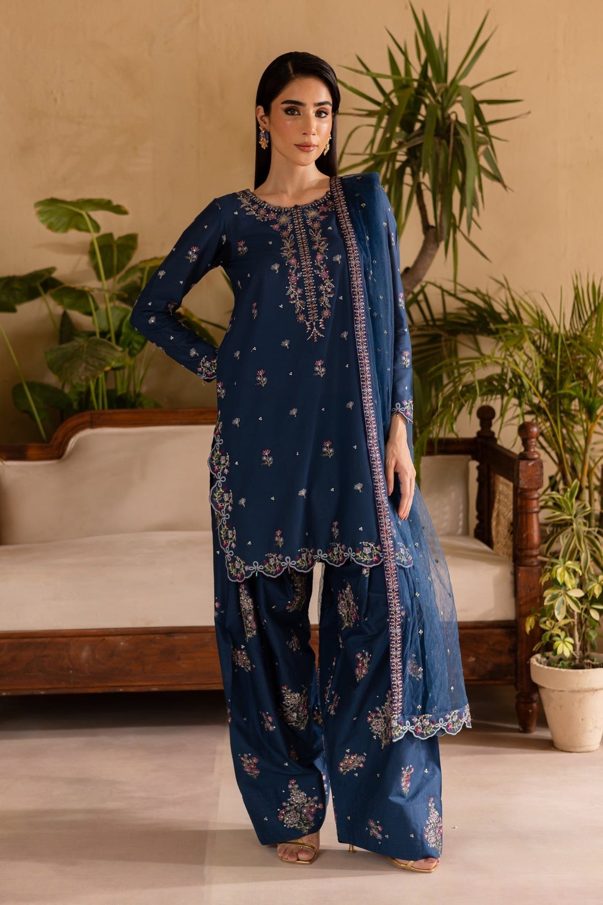 Batik | Nyra Embroidered Summer Solids | Perk-Brand:Batik-Type:Ladies Clothes-Navy-Lawn-House of Maryam- Buy in UK, USA