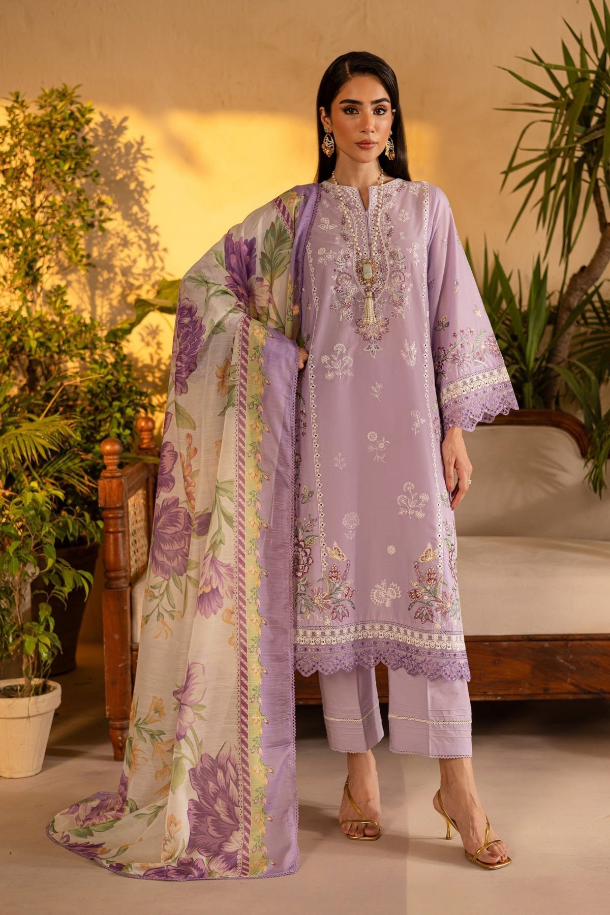 Batik | Nyra Embroidered Summer Solids | Rufna-Brand:Batik-Type:Ladies Clothes-Lilac-Lawn-House of Maryam- Buy in UK, USA