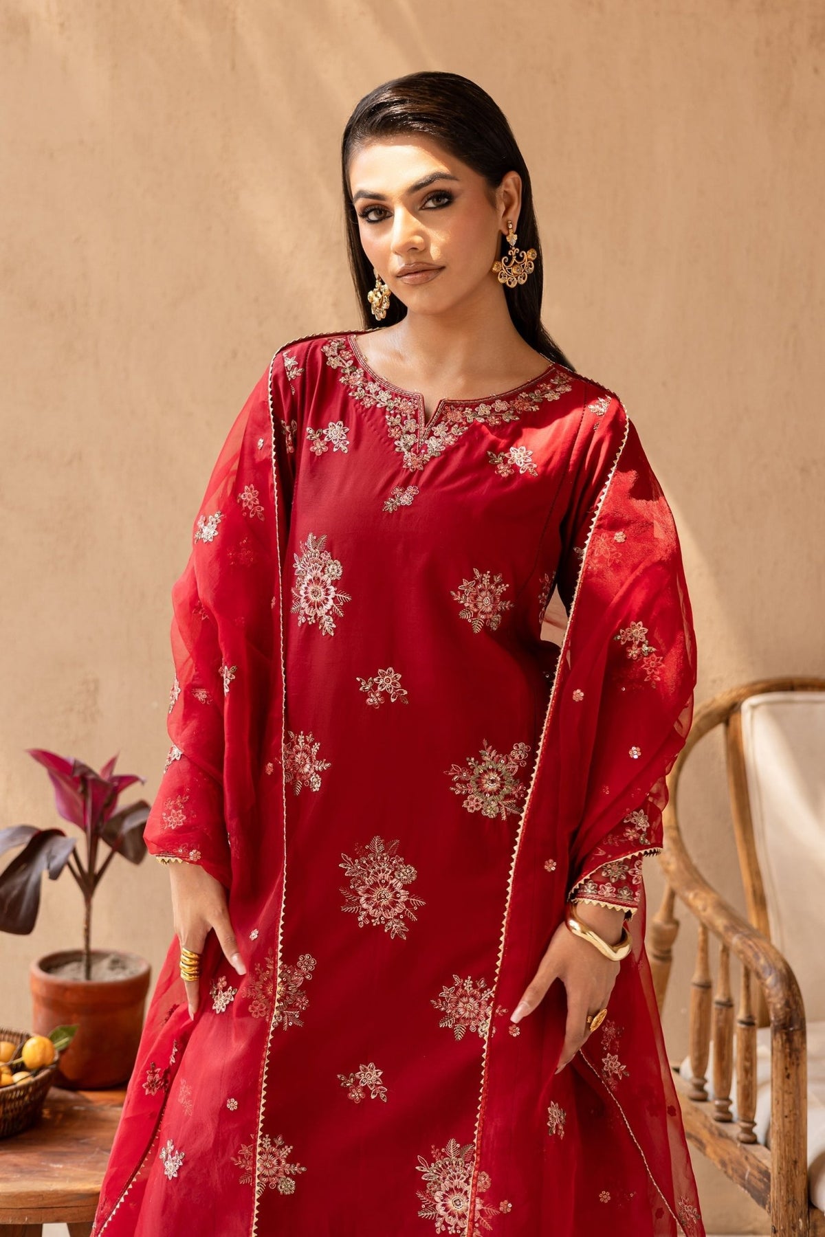 Batik | Nyra Embroidered Summer Solids | Starburst-Brand:Batik-Type:Ladies Clothes-Red-Lawn-House of Maryam- Buy in UK, USA