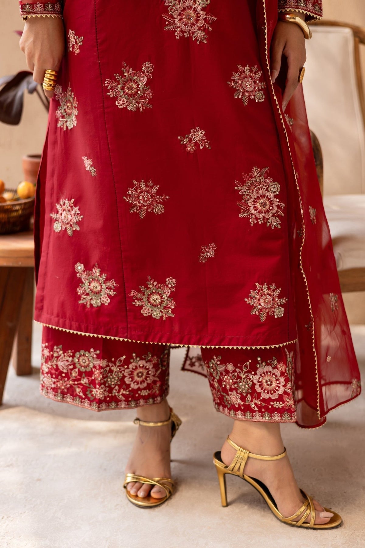 Batik | Nyra Embroidered Summer Solids | Starburst-Brand:Batik-Type:Ladies Clothes-Red-Lawn-House of Maryam- Buy in UK, USA
