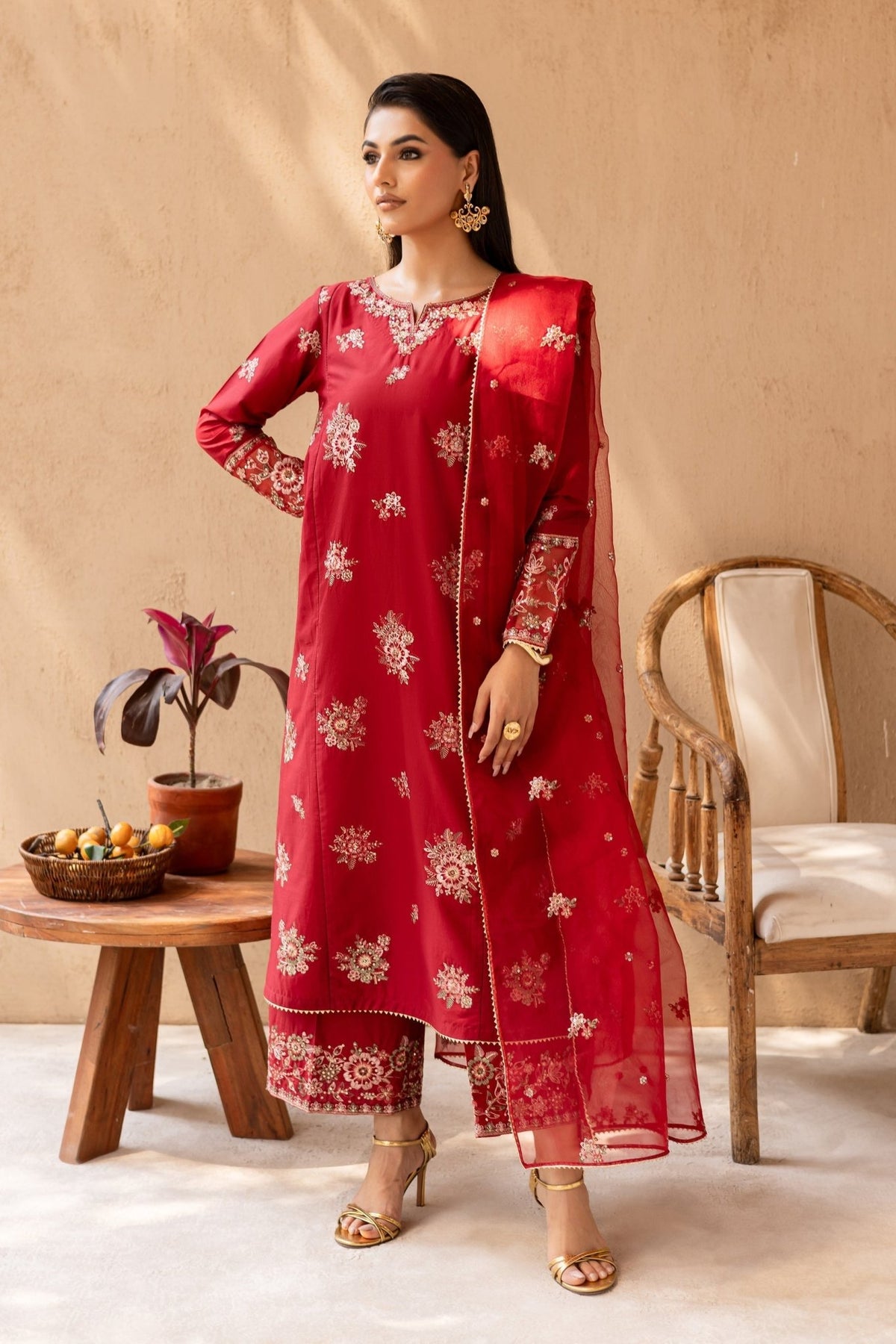 Batik | Nyra Embroidered Summer Solids | Starburst-Brand:Batik-Type:Ladies Clothes-Red-Lawn-House of Maryam- Buy in UK, USA