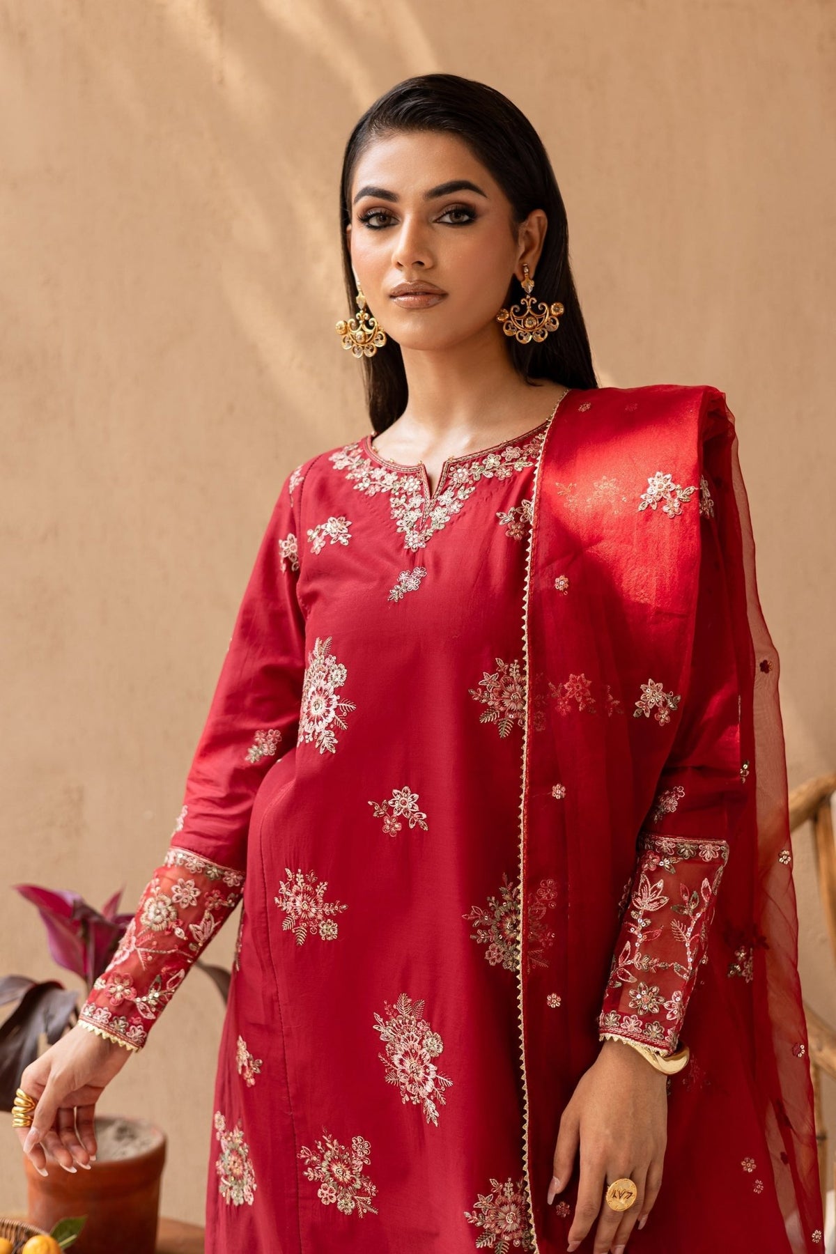 Batik | Nyra Embroidered Summer Solids | Starburst-Brand:Batik-Type:Ladies Clothes-Red-Lawn-House of Maryam- Buy in UK, USA