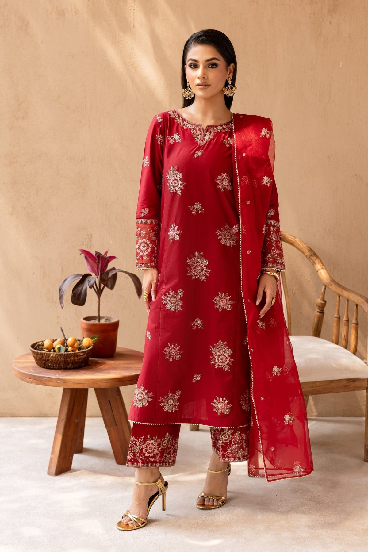 Batik | Nyra Embroidered Summer Solids | Starburst-Brand:Batik-Type:Ladies Clothes-Red-Lawn-House of Maryam- Buy in UK, USA