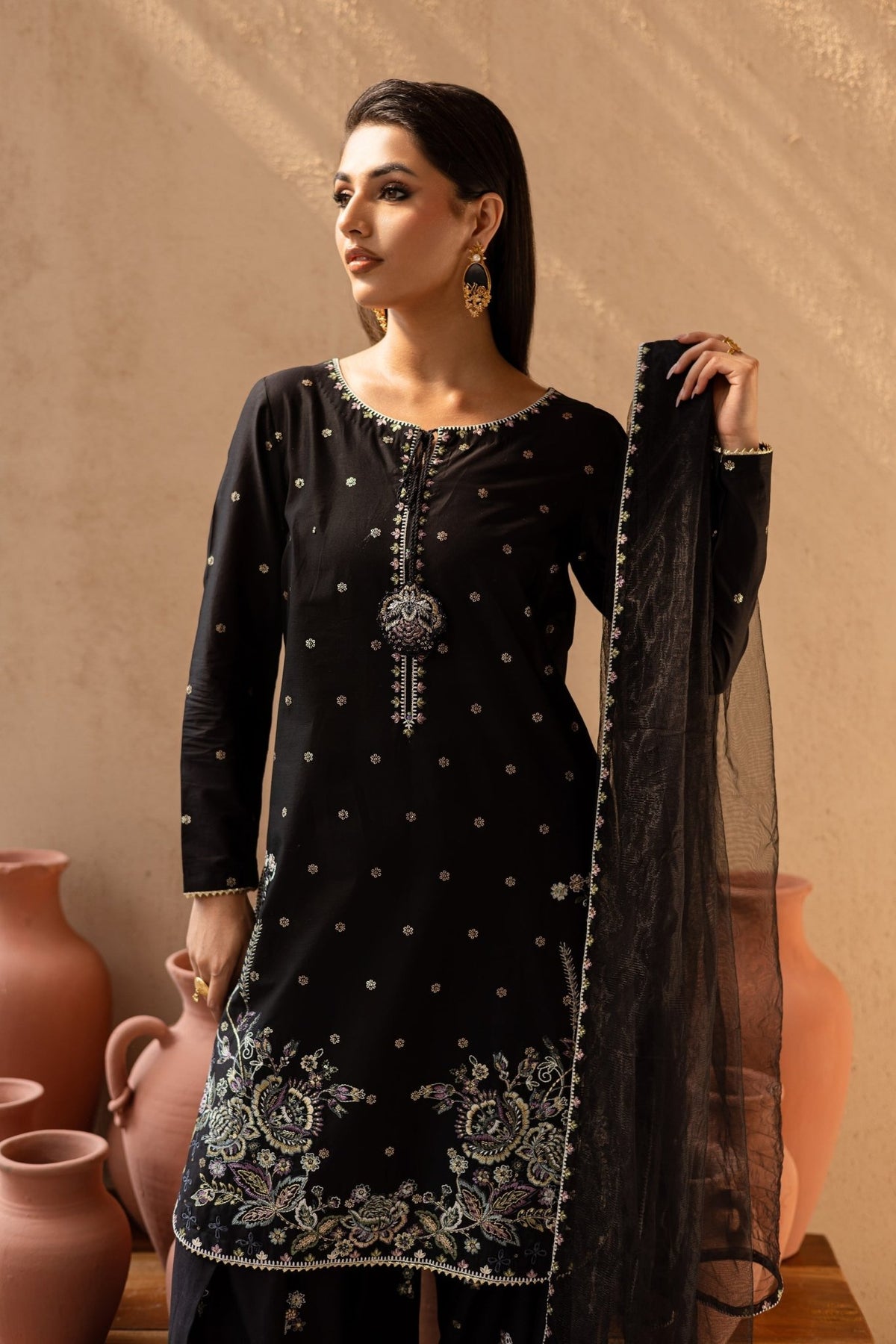 Batik | Nyra Embroidered Summer Solids | Varsha-Brand:Batik-Type:Ladies Clothes-Black-Lawn-House of Maryam- Buy in UK, USA