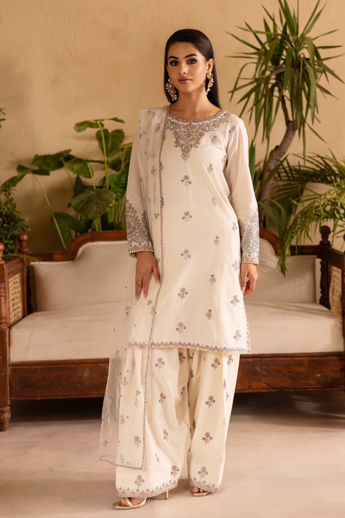 Batik | Nyra Embroidered Summer Solids | White Dove-Brand:Batik-Type:Ladies Clothes-Ivory-Lawn-House of Maryam- Buy in UK, USA