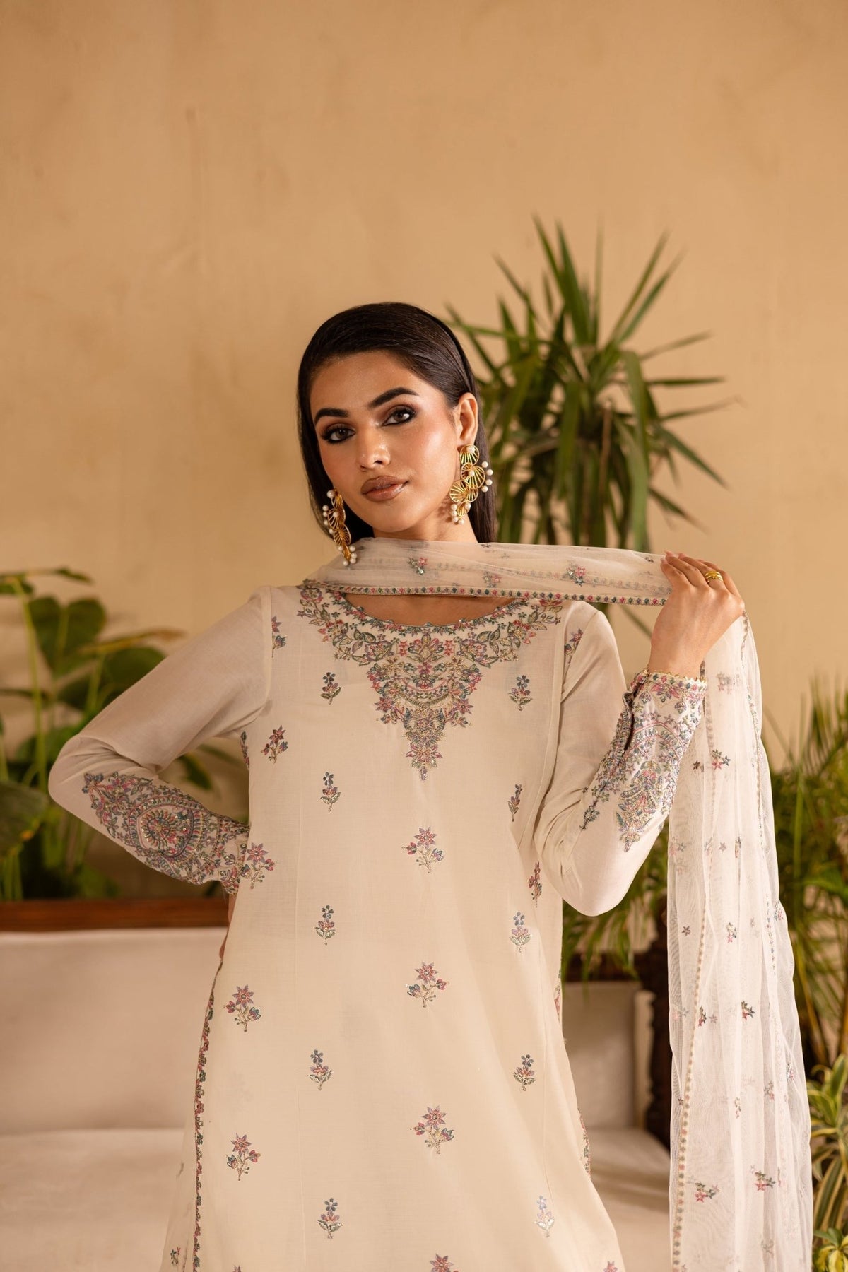 Batik | Nyra Embroidered Summer Solids | White Dove-Brand:Batik-Type:Ladies Clothes-Ivory-Lawn-House of Maryam- Buy in UK, USA