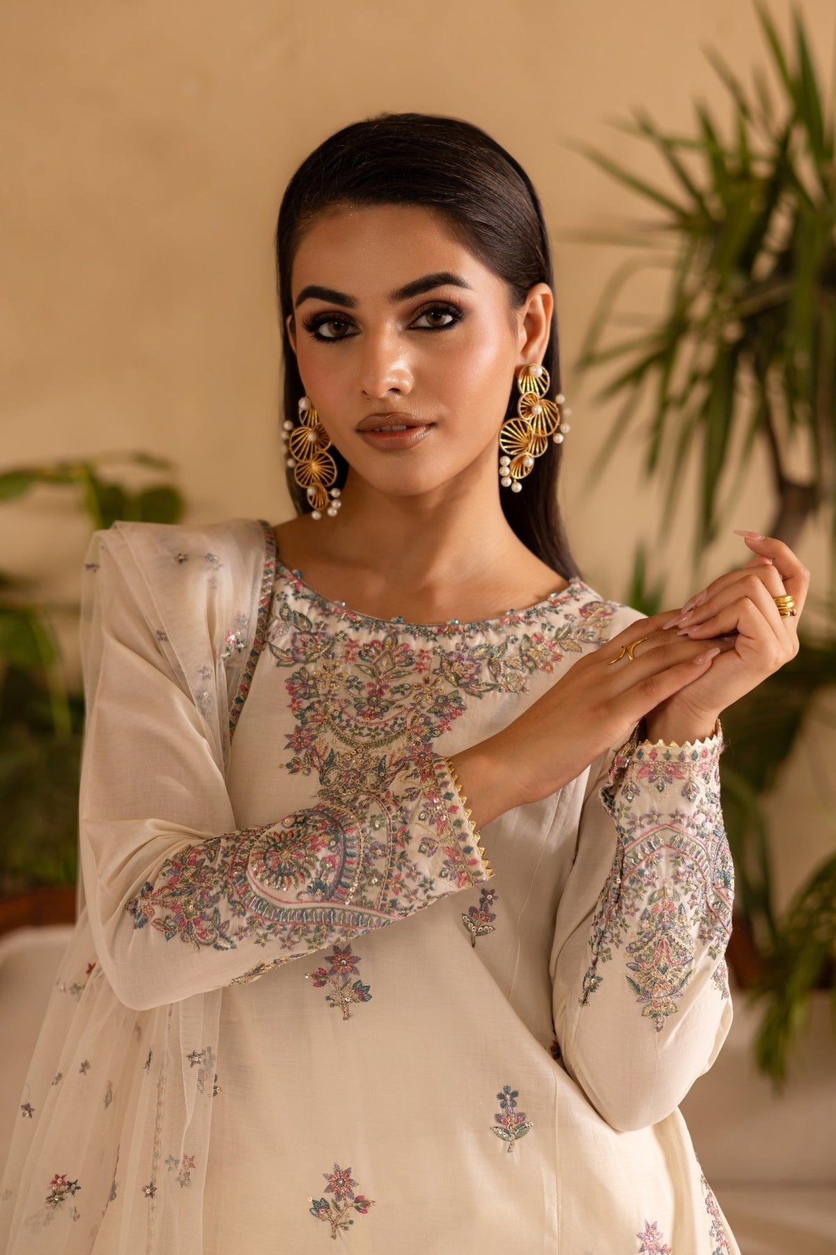 Batik | Nyra Embroidered Summer Solids | White Dove-Brand:Batik-Type:Ladies Clothes-Ivory-Lawn-House of Maryam- Buy in UK, USA