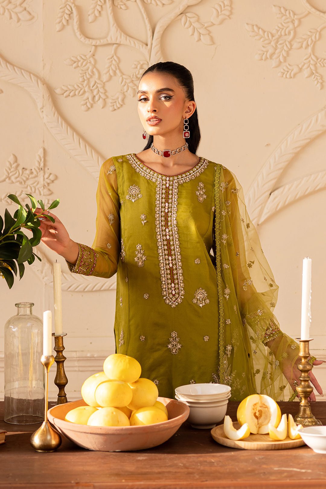 Batik | Zahay Festive Pret | Halia-Brand:Batik-Type:Ladies Clothes-Olive-Organza-House of Maryam- Buy in UK, USA