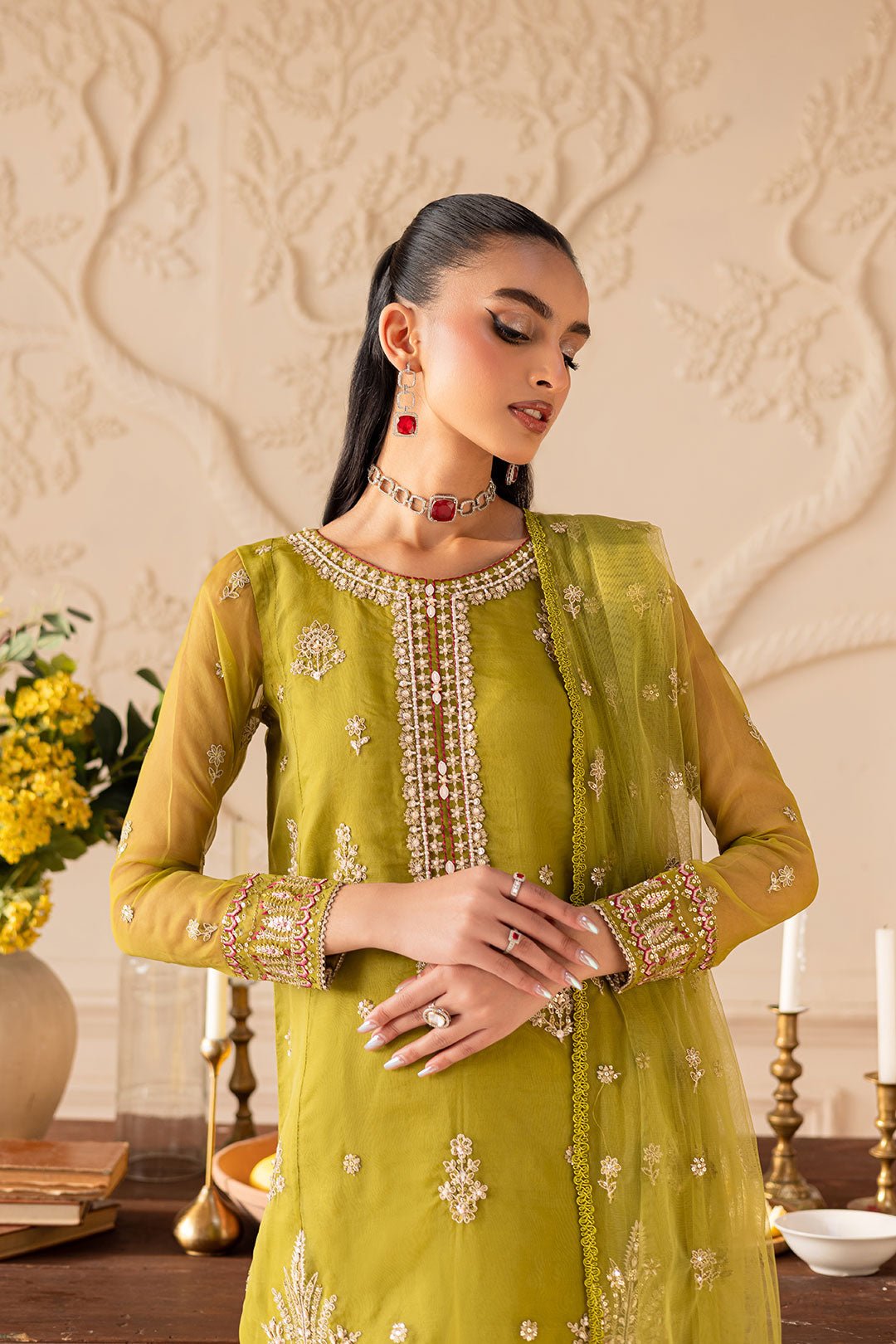 Batik | Zahay Festive Pret | Halia-Brand:Batik-Type:Ladies Clothes-Olive-Organza-House of Maryam- Buy in UK, USA