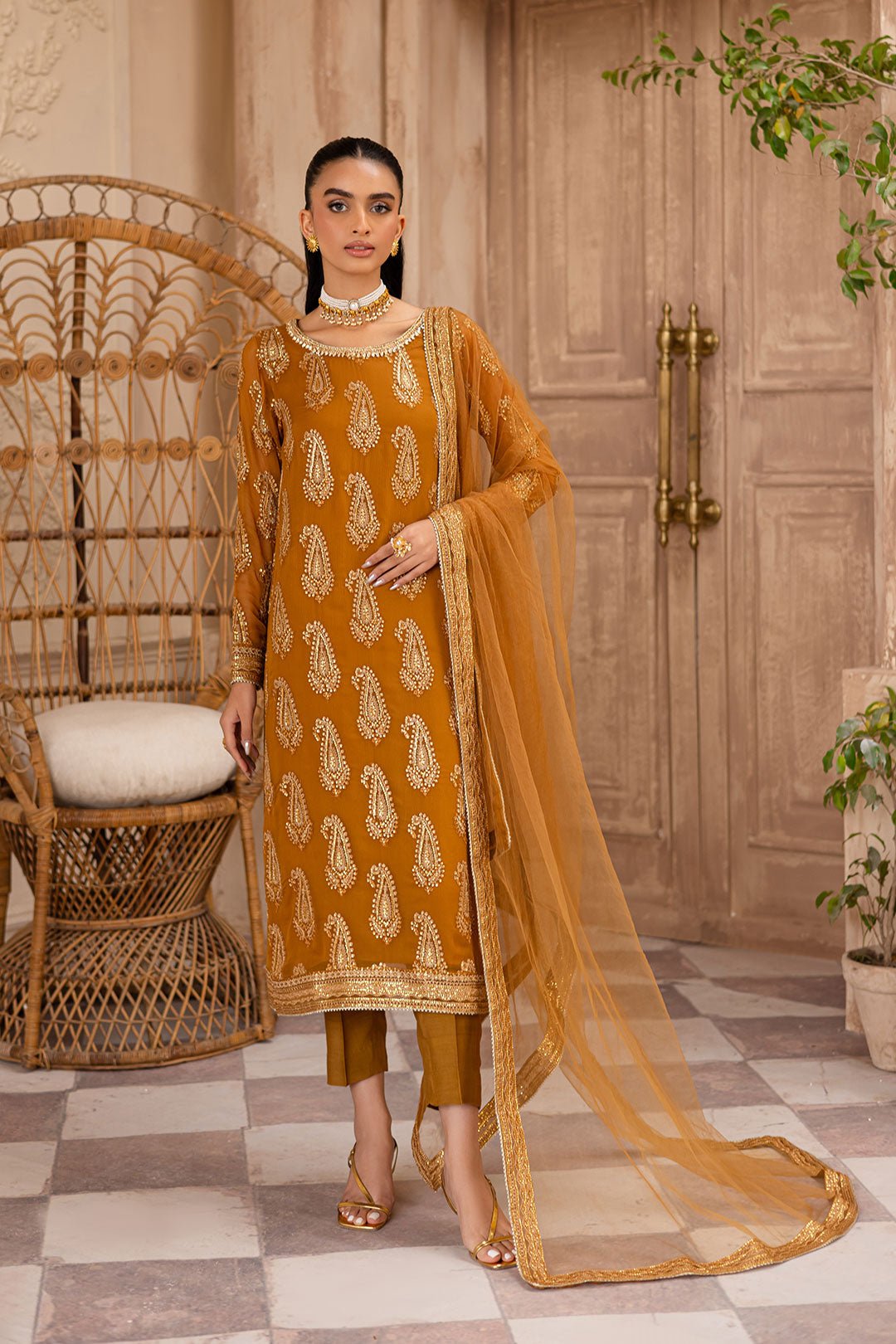 Batik | Zahay Festive Pret | Paisley Mustard-Brand:Batik-Type:Ladies Clothes-Mustard-Crinkle-House of Maryam- Buy in UK, USA