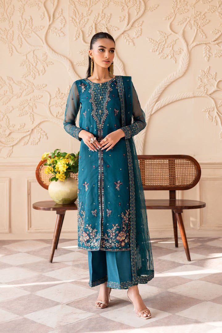 Batik | Zahay Festive Pret | Sanaz-Brand:Batik-Type:Ladies Clothes-Teal Blue-Organza-House of Maryam- Buy in UK, USA