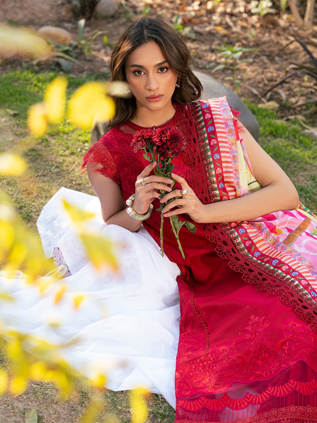 Bin Ilyas | Hazel Printed Lawn 25 | 2071 - B-Brand:Bin Ilyas-Type:Ladies Clothes-Red-Lawn-House of Maryam- Buy in UK, USA