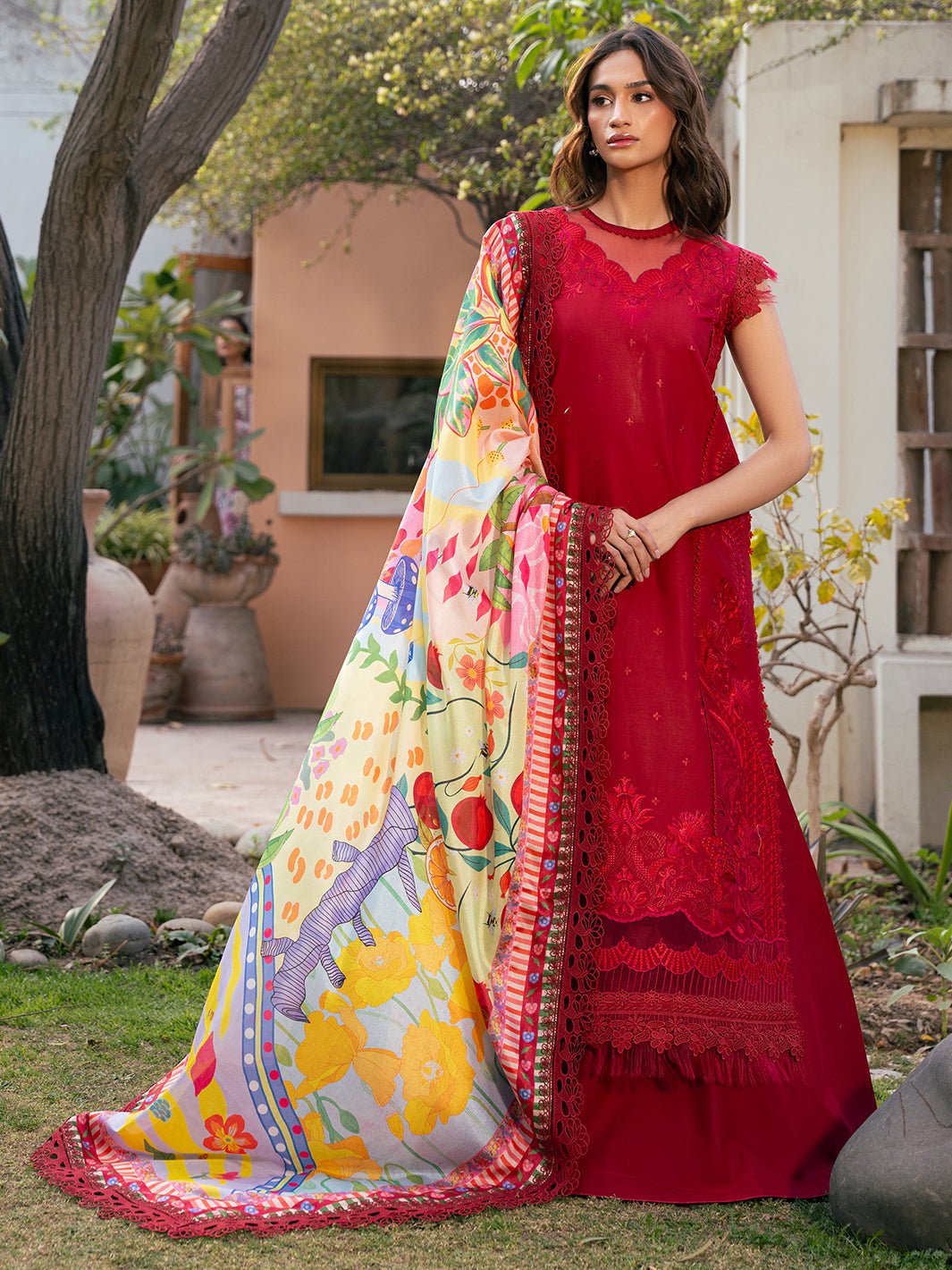 Bin Ilyas | Hazel Printed Lawn 25 | 2071 - B-Brand:Bin Ilyas-Type:Ladies Clothes-Red-Lawn-House of Maryam- Buy in UK, USA