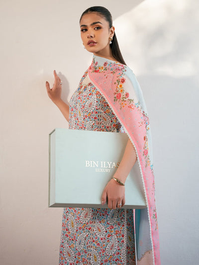 Bin Ilyas | Hazel Printed Lawn 25 | 2072 - A-Brand:Bin Ilyas-Type:Ladies Clothes-Light Blue-Lawn-House of Maryam- Buy in UK, USA