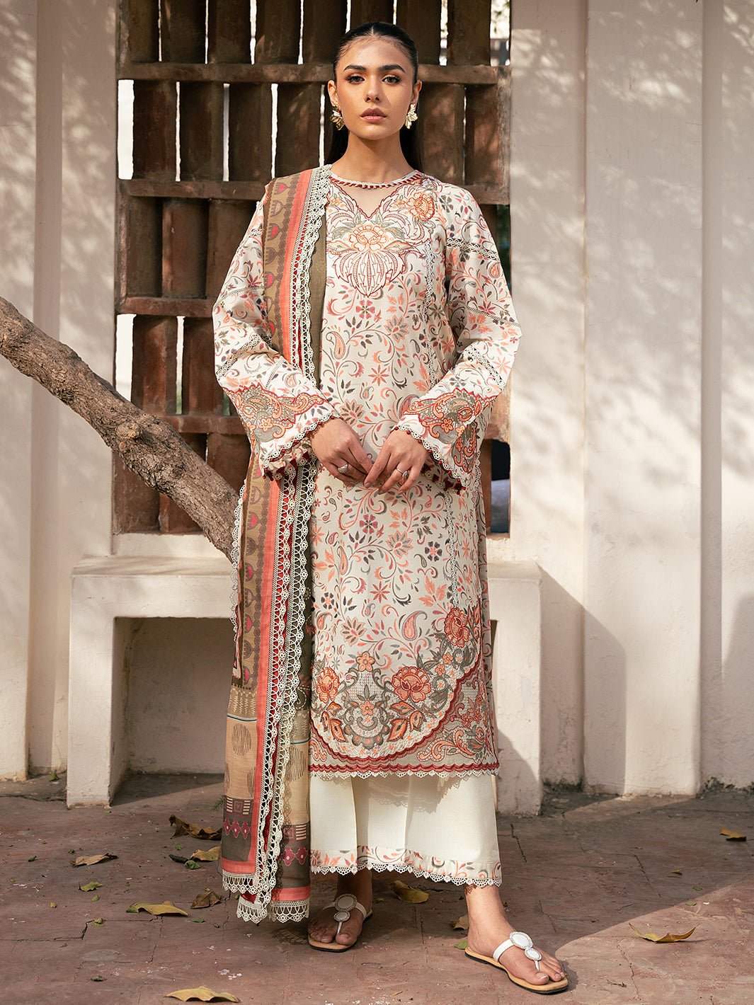 Bin Ilyas | Hazel Printed Lawn 25 | 2073 - A-Brand:Bin Ilyas-Type:Ladies Clothes-Off White-Lawn-House of Maryam- Buy in UK, USA