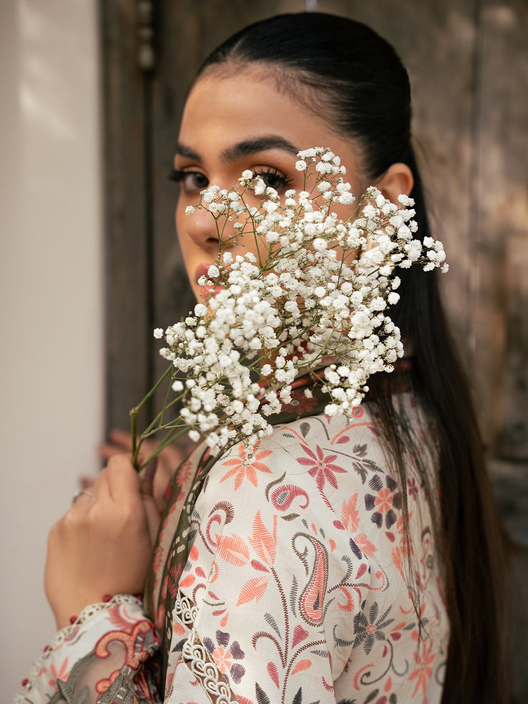 Bin Ilyas | Hazel Printed Lawn 25 | 2073 - A-Brand:Bin Ilyas-Type:Ladies Clothes-Off White-Lawn-House of Maryam- Buy in UK, USA