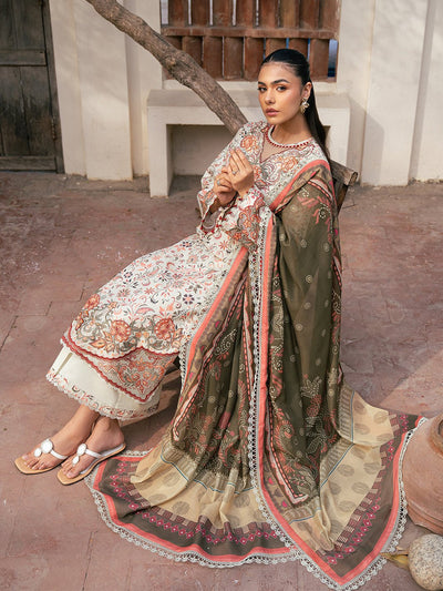 Bin Ilyas | Hazel Printed Lawn 25 | 2073 - A-Brand:Bin Ilyas-Type:Ladies Clothes-Off White-Lawn-House of Maryam- Buy in UK, USA