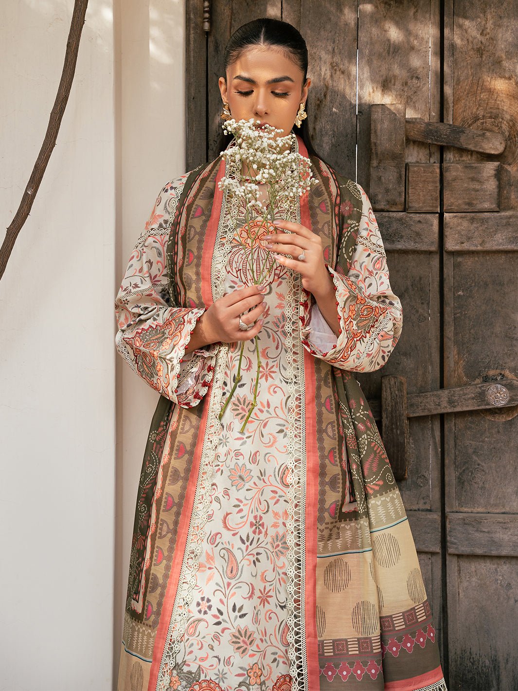 Bin Ilyas | Hazel Printed Lawn 25 | 2073 - A-Brand:Bin Ilyas-Type:Ladies Clothes-Off White-Lawn-House of Maryam- Buy in UK, USA