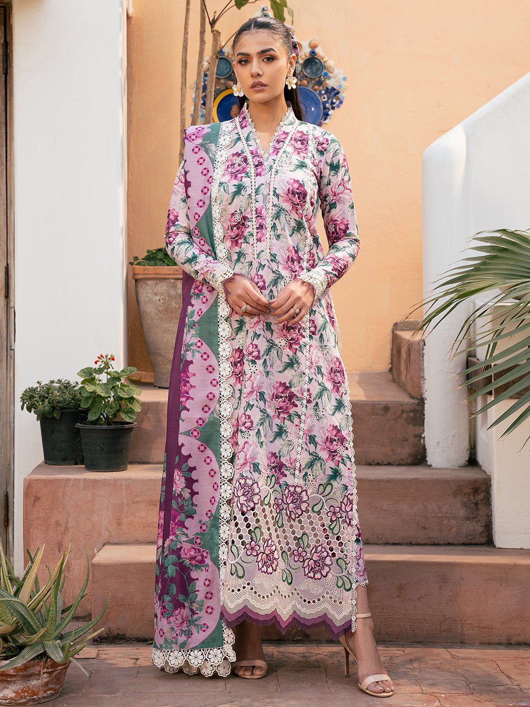 Bin Ilyas | Hazel Printed Lawn 25 | 2075 - A-Brand:Bin Ilyas-Type:Ladies Clothes-Pink-Lawn-House of Maryam- Buy in UK, USA