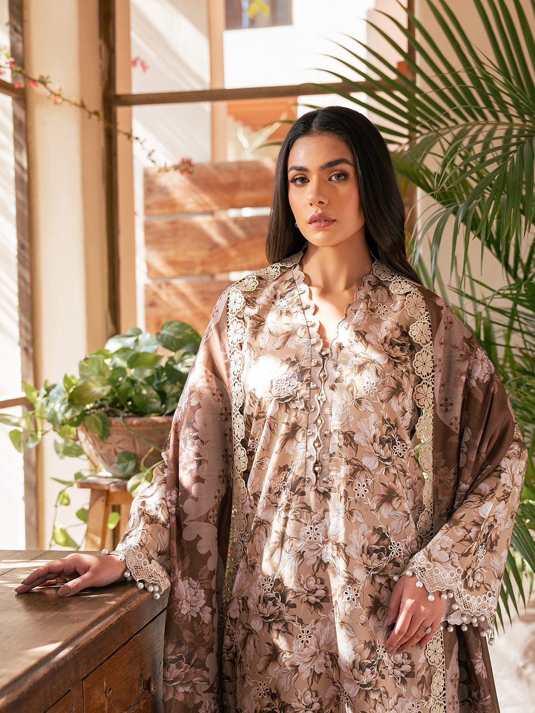 Bin Ilyas | Hazel Printed Lawn 25 | 2075 - B-Brand:Bin Ilyas-Type:Ladies Clothes-Beige-Lawn-House of Maryam- Buy in UK, USA
