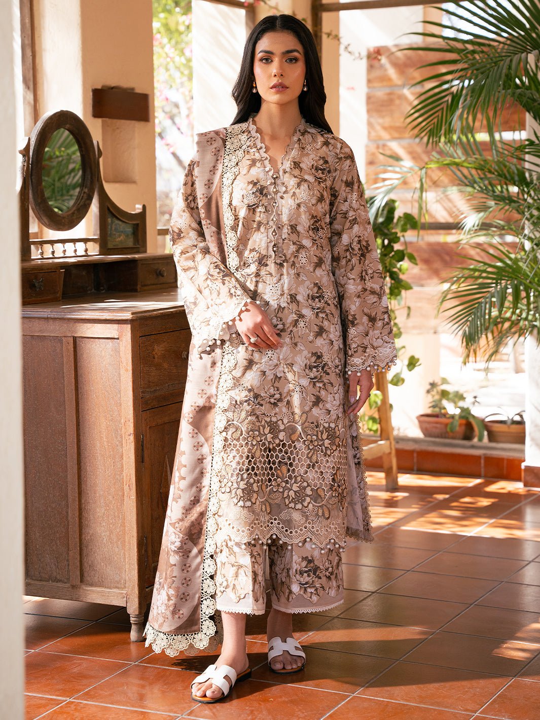 Bin Ilyas | Hazel Printed Lawn 25 | 2075 - B-Brand:Bin Ilyas-Type:Ladies Clothes-Beige-Lawn-House of Maryam- Buy in UK, USA