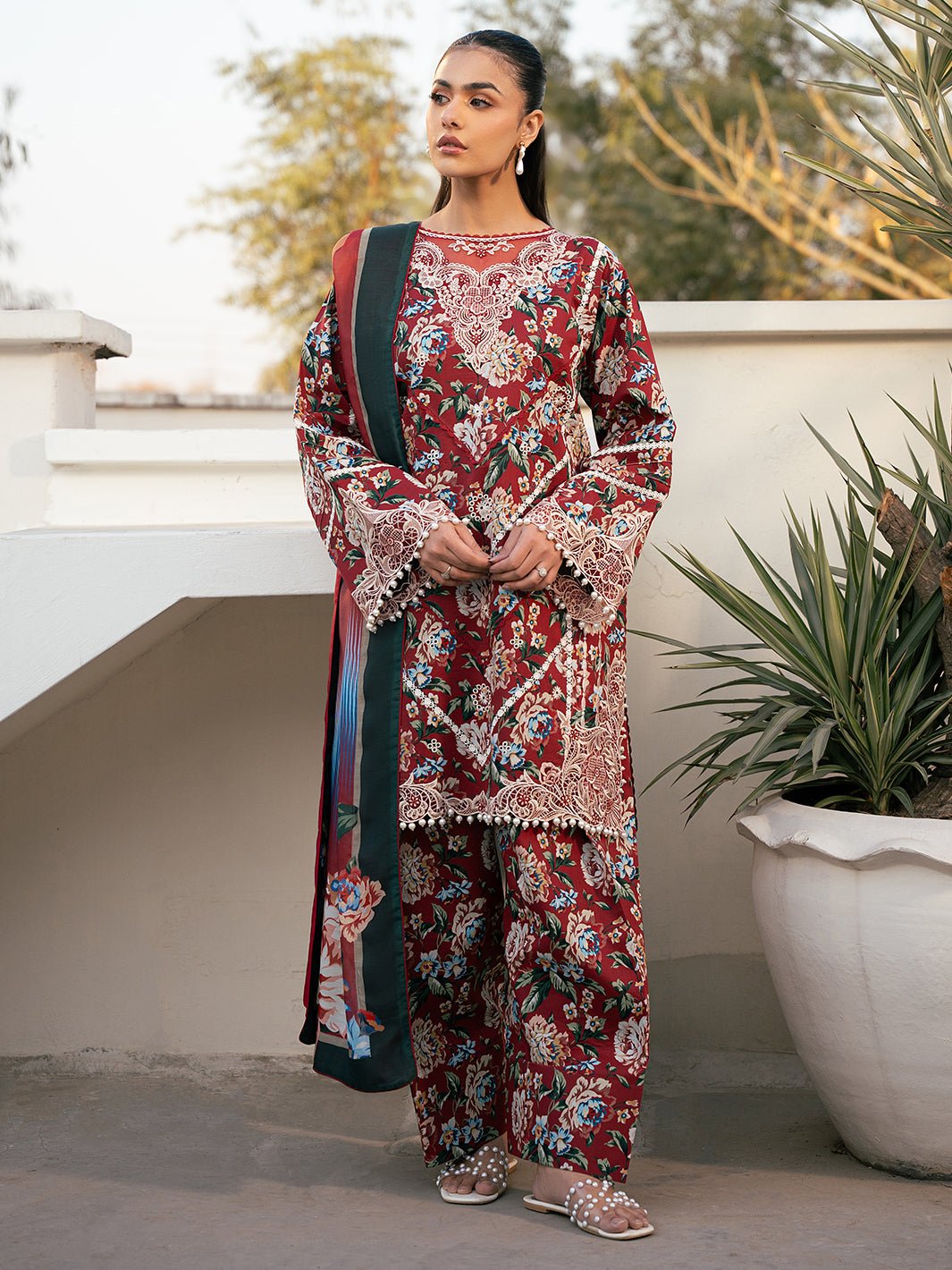 Bin Ilyas | Hazel Printed Lawn 25 | 2076 - B-Brand:Bin Ilyas-Type:Ladies Clothes-Red-Lawn-House of Maryam- Buy in UK, USA