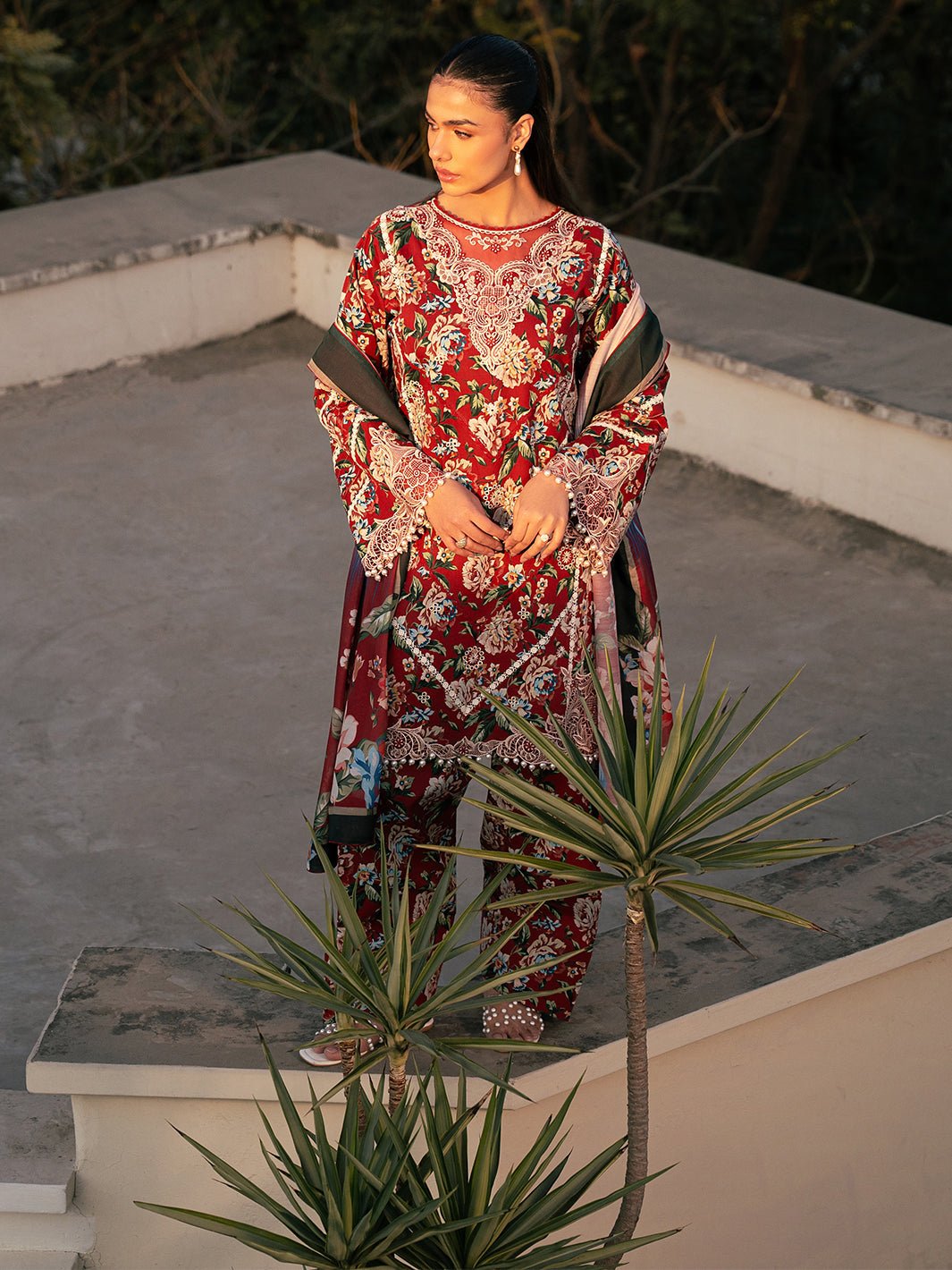 Bin Ilyas | Hazel Printed Lawn 25 | 2076 - B-Brand:Bin Ilyas-Type:Ladies Clothes-Red-Lawn-House of Maryam- Buy in UK, USA