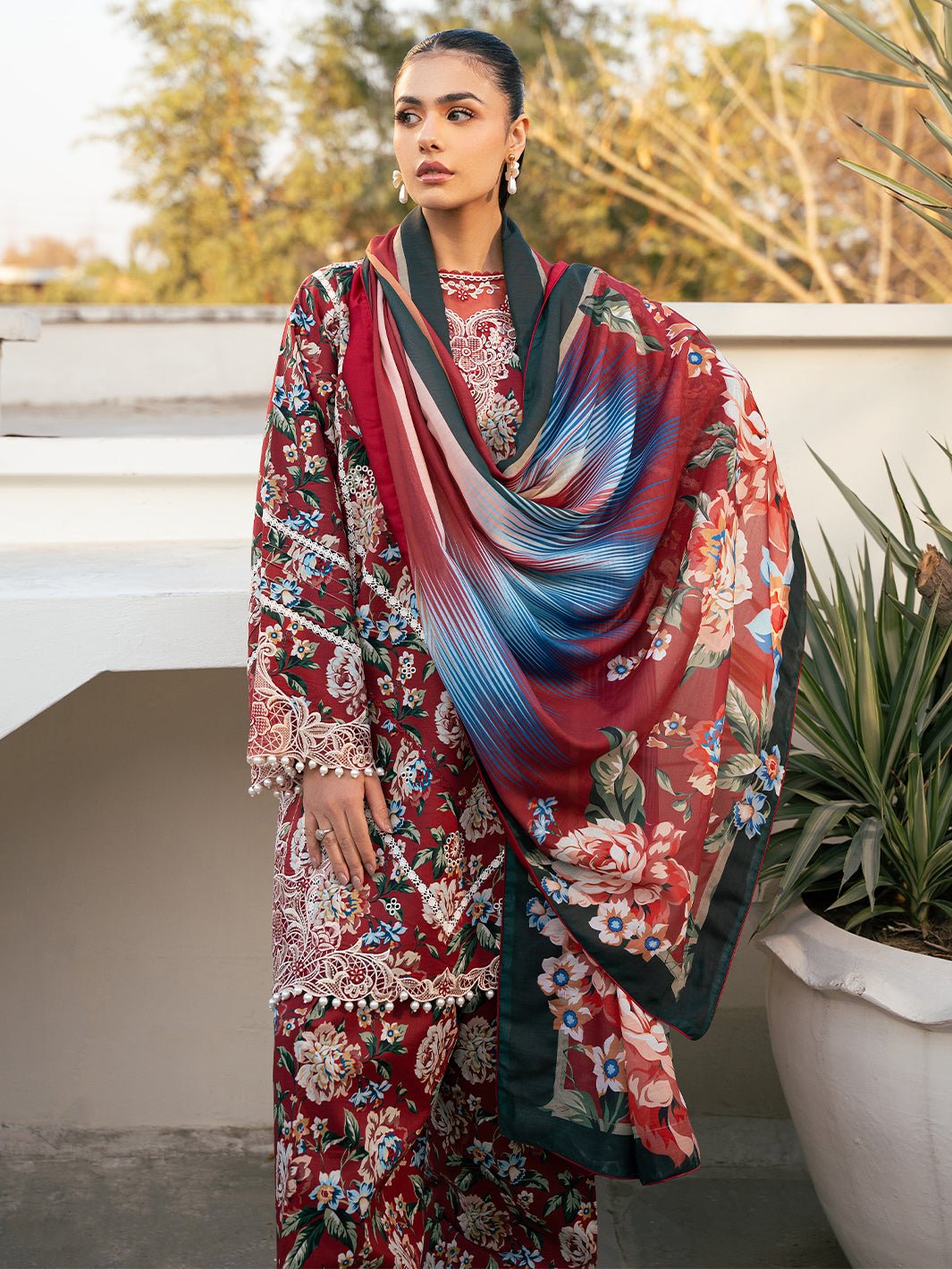 Bin Ilyas | Hazel Printed Lawn 25 | 2076 - B-Brand:Bin Ilyas-Type:Ladies Clothes-Red-Lawn-House of Maryam- Buy in UK, USA