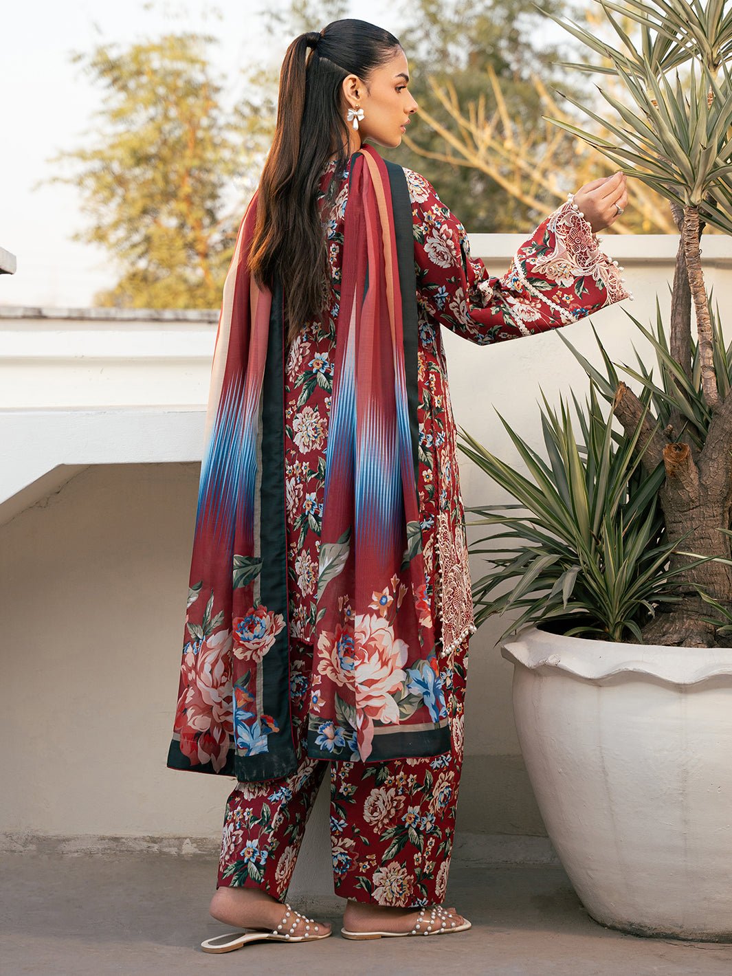 Bin Ilyas | Hazel Printed Lawn 25 | 2076 - B-Brand:Bin Ilyas-Type:Ladies Clothes-Red-Lawn-House of Maryam- Buy in UK, USA