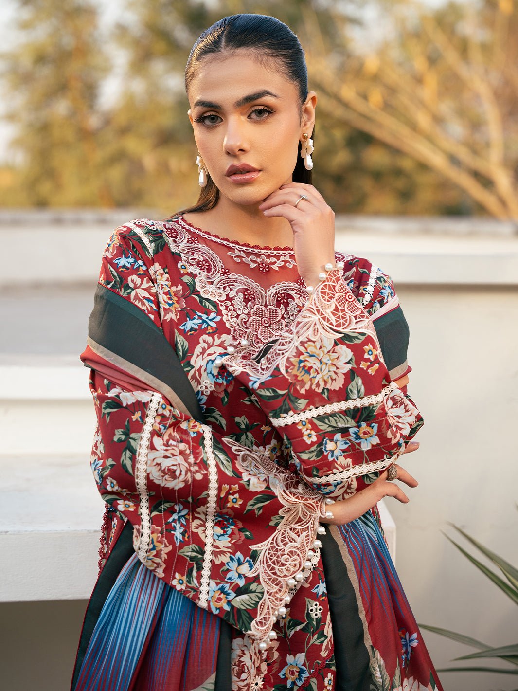 Bin Ilyas | Hazel Printed Lawn 25 | 2076 - B-Brand:Bin Ilyas-Type:Ladies Clothes-Red-Lawn-House of Maryam- Buy in UK, USA
