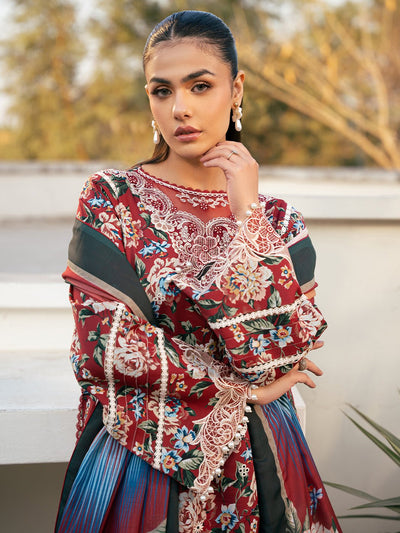 Bin Ilyas | Hazel Printed Lawn 25 | 2076 - B-Brand:Bin Ilyas-Type:Ladies Clothes-Red-Lawn-House of Maryam- Buy in UK, USA