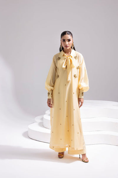 Amani | Aira Festive Wear | ALARA- Hand Embellished Butter Silk Shirt with Wide-Leg Trousers