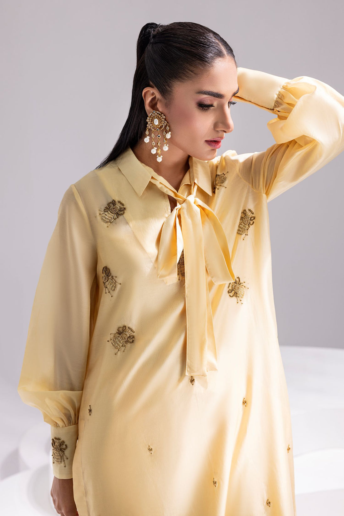 Amani | Aira Festive Wear | ALARA- Hand Embellished Butter Silk Shirt with Wide-Leg Trousers, image 3