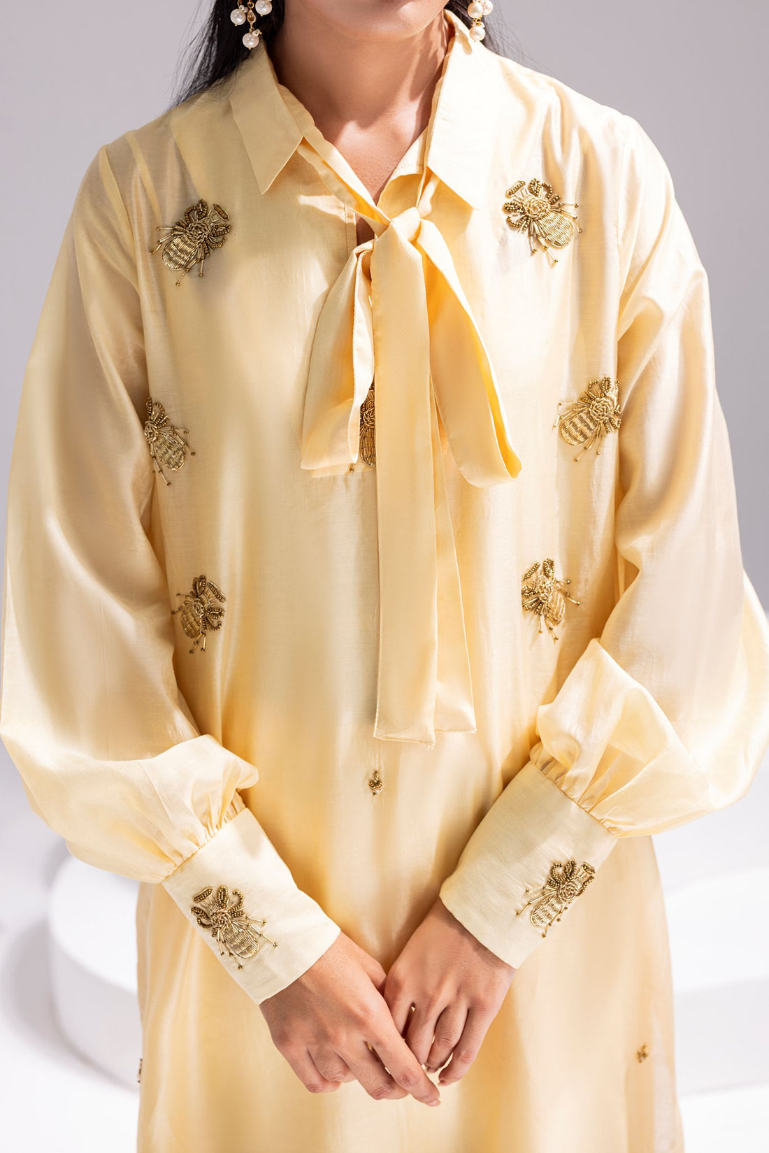 Amani | Aira Festive Wear | ALARA- Hand Embellished Butter Silk Shirt with Wide-Leg Trousers, image 4