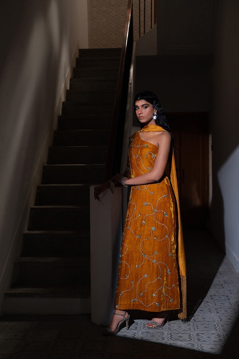 Caia | Luxury Velvet Edit 25 | Amber-Brand:Caia-Type:Ladies Clothes-Dull Orange-Velvet-House of Maryam- Buy in UK, USA