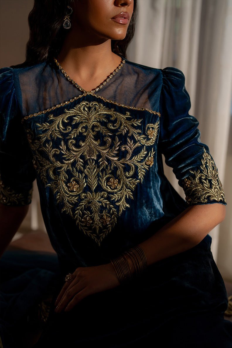 Caia | Luxury Velvet Edit 25 | Roselle (Blue)-Brand:Caia-Type:Ladies Clothes-Midnight Blue-Velvet-House of Maryam- Buy in UK, USA