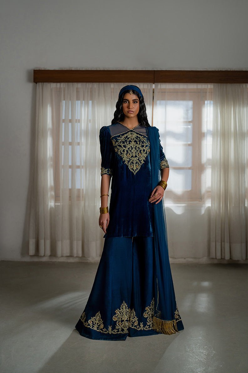 Caia | Luxury Velvet Edit 25 | Roselle (Blue)-Brand:Caia-Type:Ladies Clothes-Midnight Blue-Velvet-House of Maryam- Buy in UK, USA