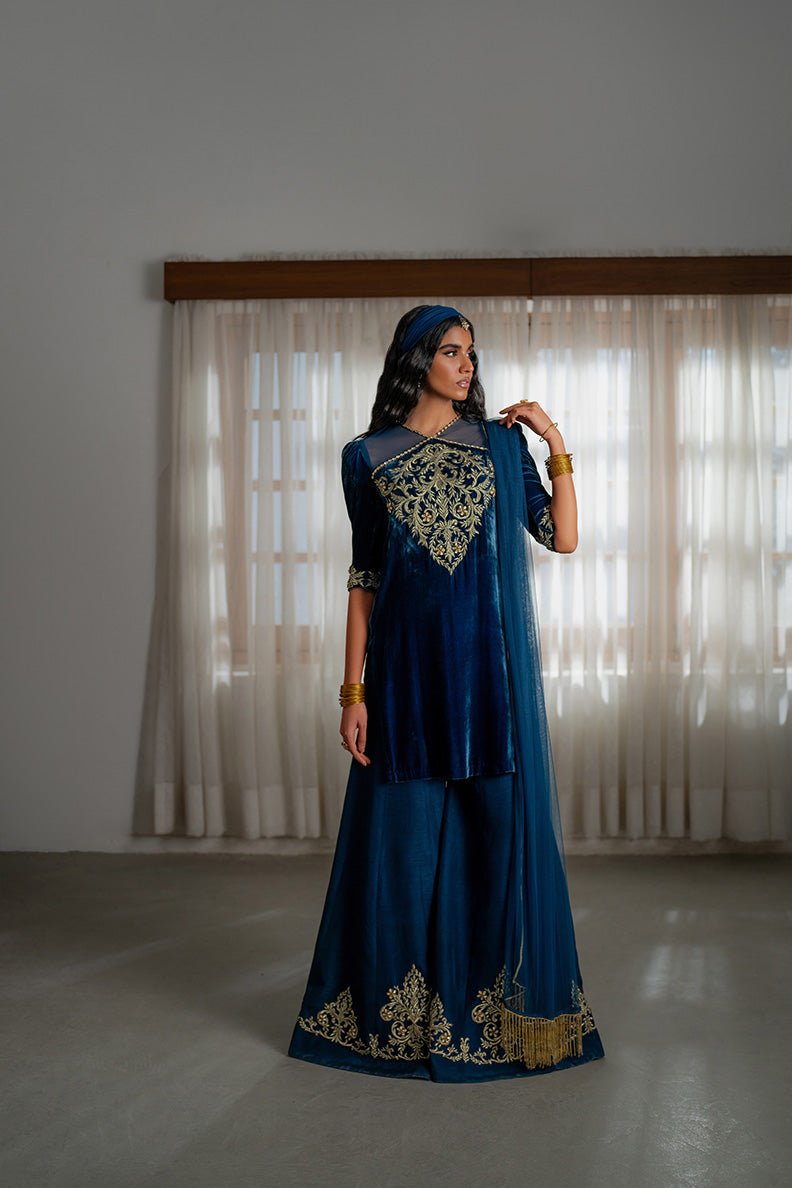Caia | Luxury Velvet Edit 25 | Roselle (Blue)-Brand:Caia-Type:Ladies Clothes-Midnight Blue-Velvet-House of Maryam- Buy in UK, USA