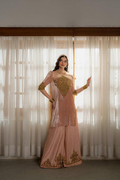 Caia | Luxury Velvet Edit 25 | Roselle (Pink)-Brand:Caia-Type:Ladies Clothes-Peach Pink-Velvet-House of Maryam- Buy in UK, USA