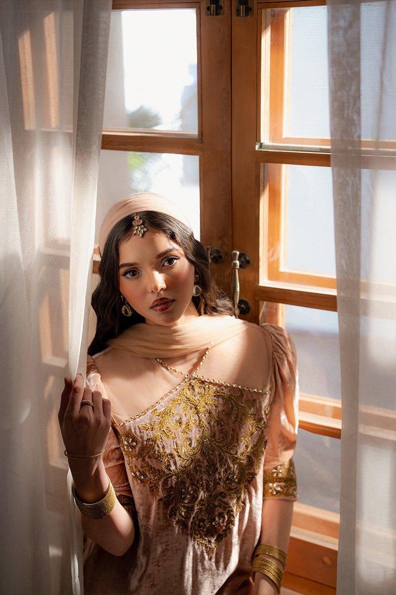 Caia | Luxury Velvet Edit 25 | Roselle (Pink)-Brand:Caia-Type:Ladies Clothes-Peach Pink-Velvet-House of Maryam- Buy in UK, USA