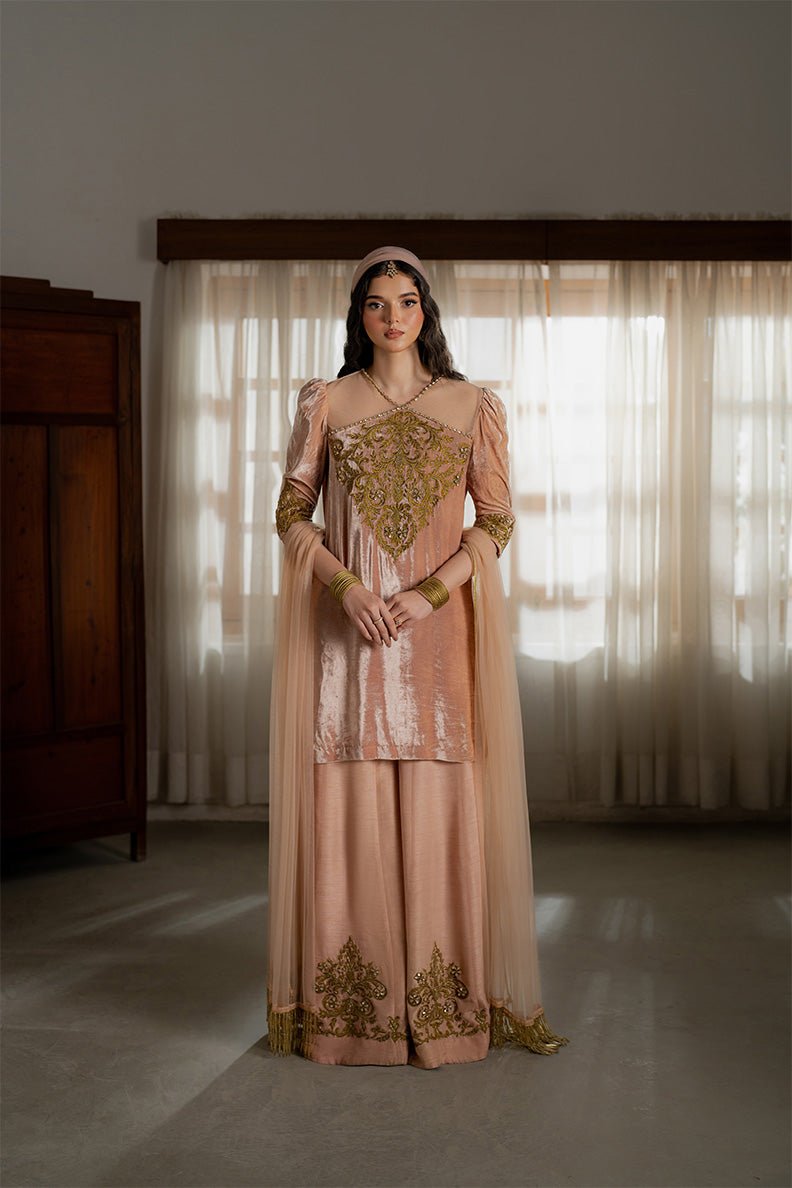 Caia | Luxury Velvet Edit 25 | Roselle (Pink)-Brand:Caia-Type:Ladies Clothes-Peach Pink-Velvet-House of Maryam- Buy in UK, USA
