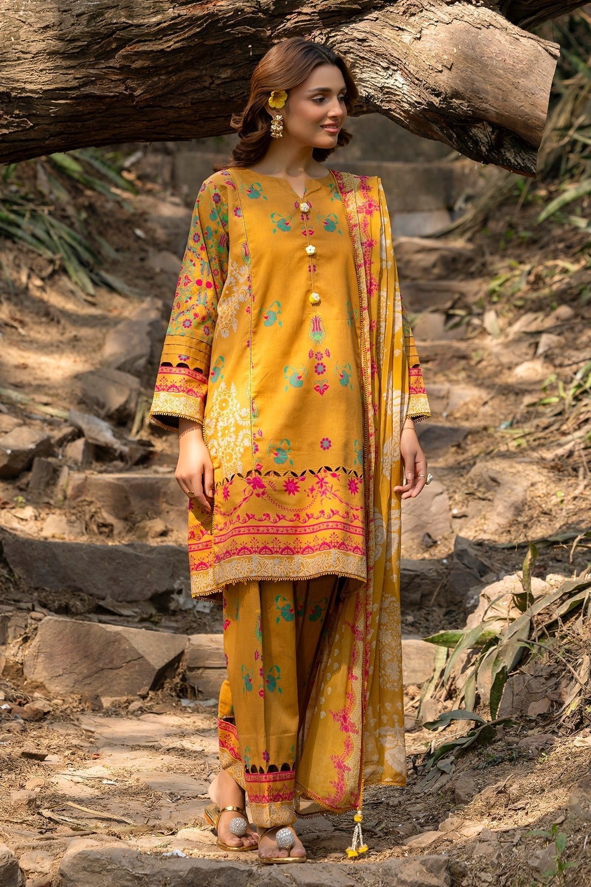 Charizma | C prints Lawn | CP5-13-Brand:Charizma-Type:Ladies Clothes-Mustard Yellow-Lawn-House of Maryam- Buy in UK, USA