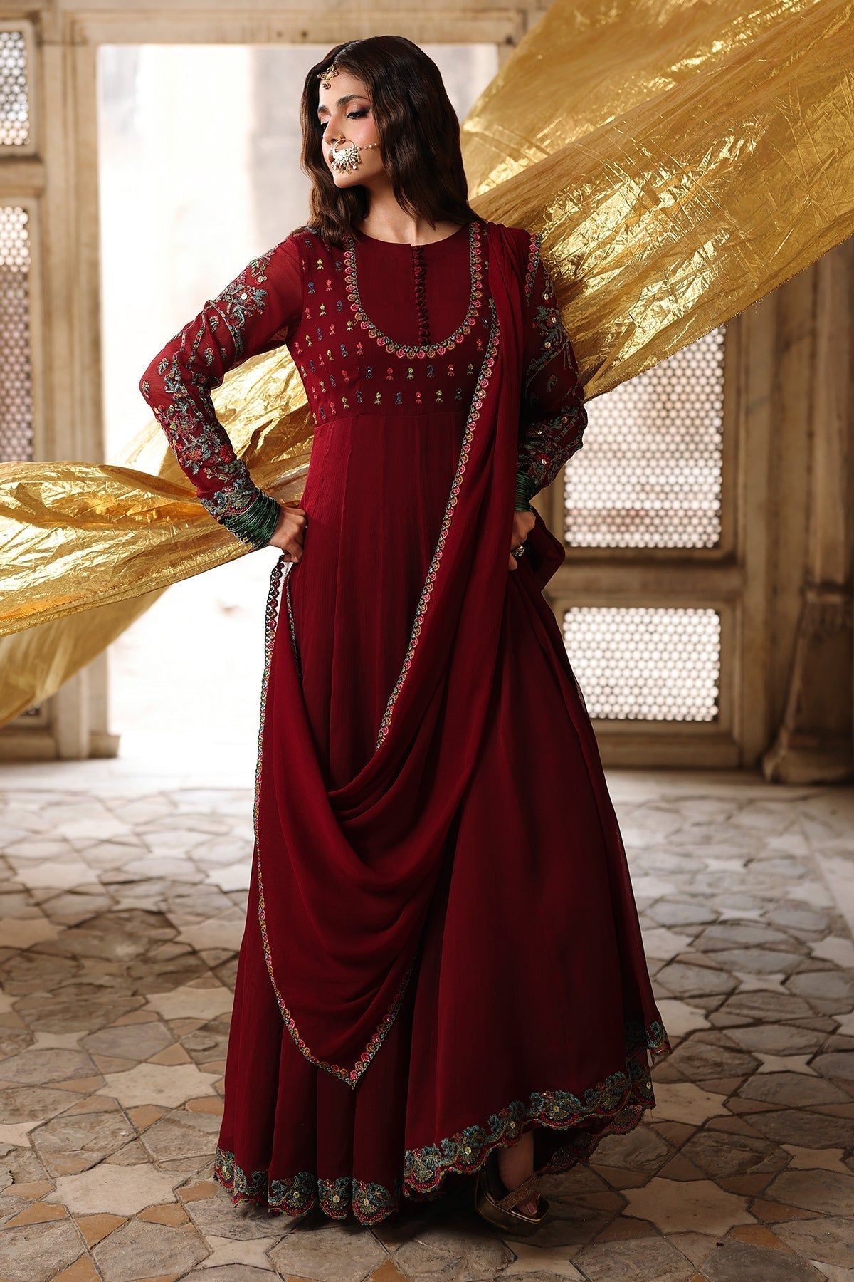Charizma | Festive Pret | CMA-6-292-Brand:Charizma-Type:Ladies Clothes-Maroon-Chiffon-House of Maryam- Buy in UK, USA